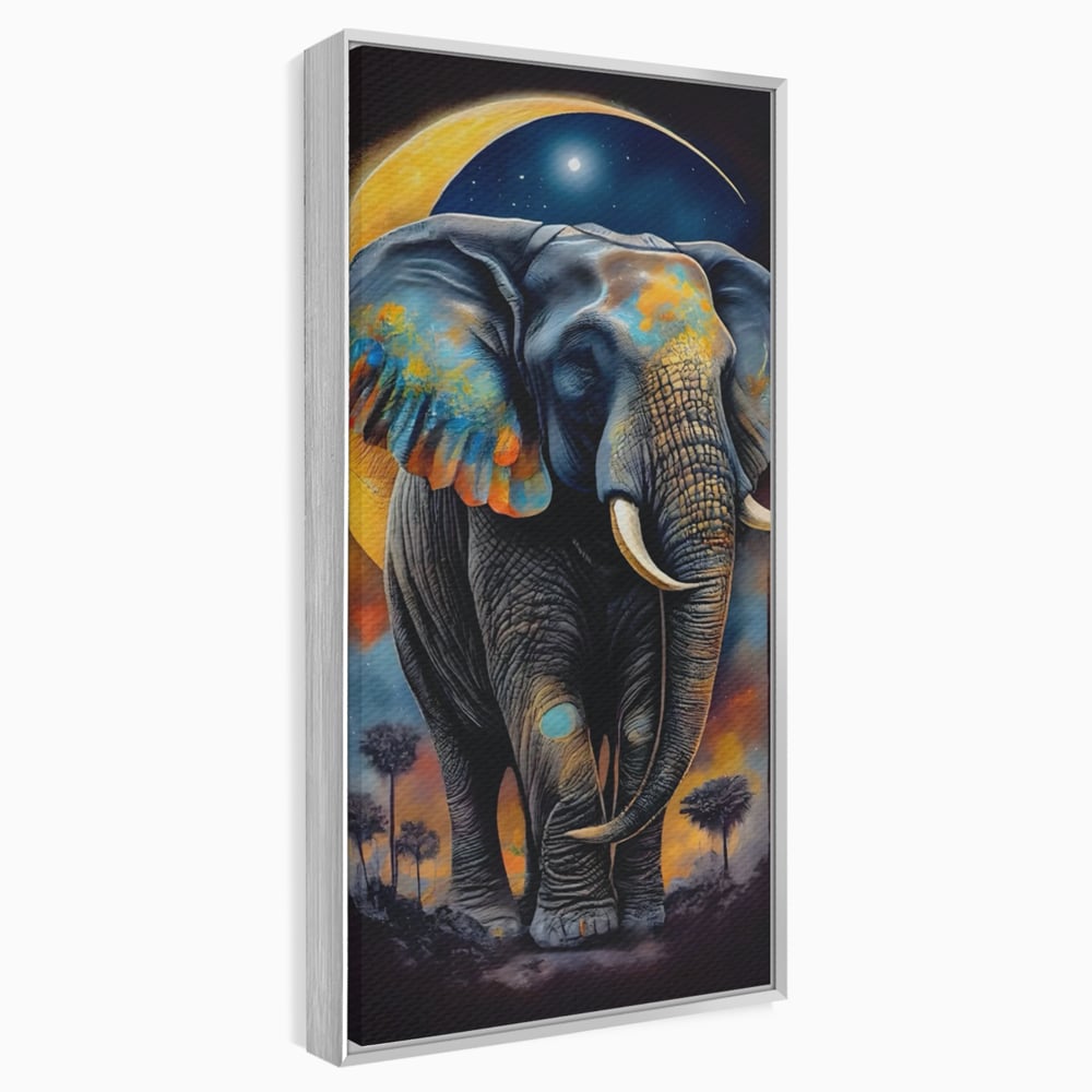 Tablou canvas cu tablou canvas cu elefant colorat si luna, in rama de aluminiu argintiu